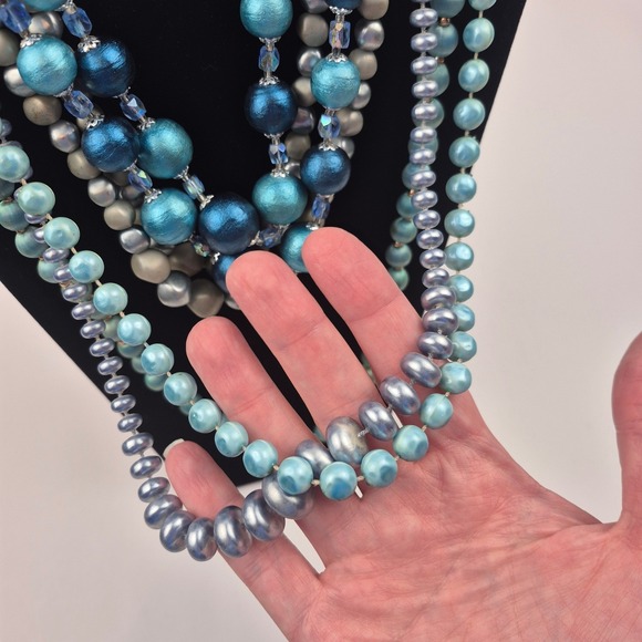 Vtg Beaded Necklace Lot 5pc Blue Green Japan Marked Faux Pearl Velvet Layering - Picture 4 of 16